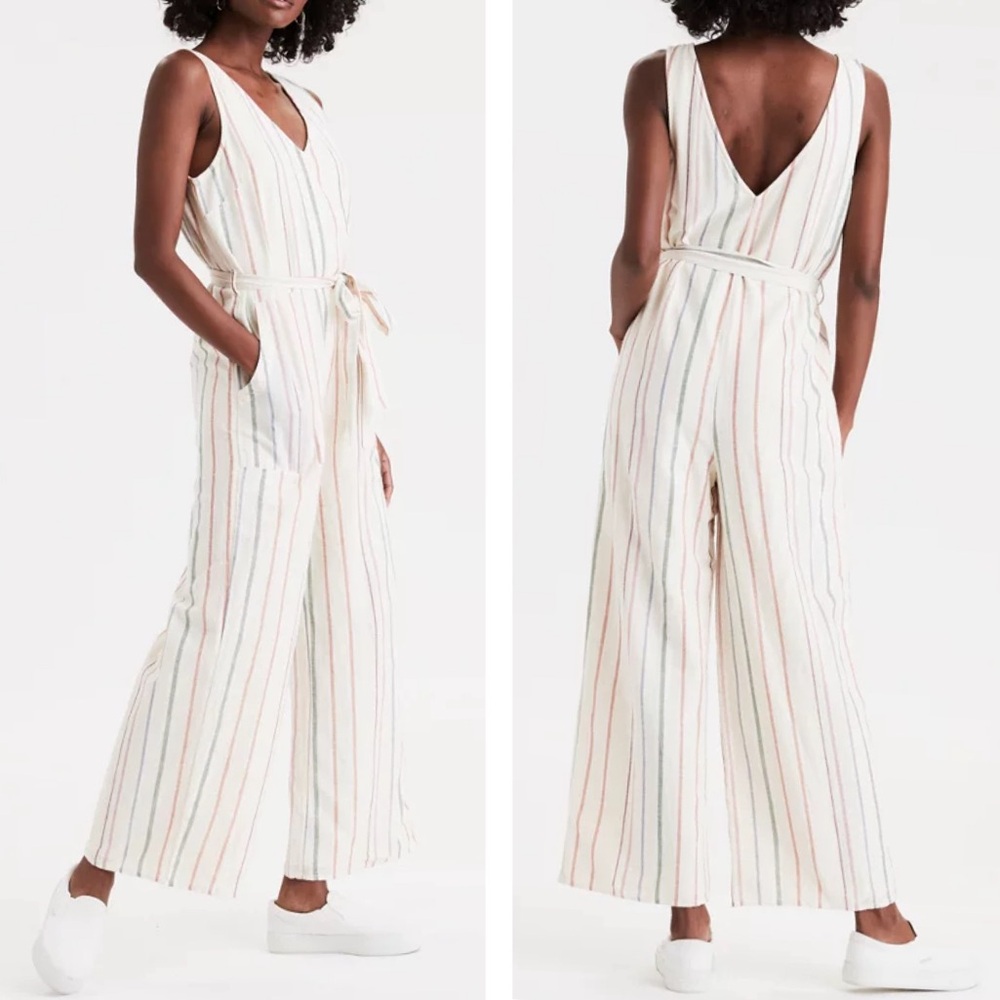 American Eagle Linen/Cotton Blend Cream Stripe Belted Sleeveless‎ Jumpsuit Small